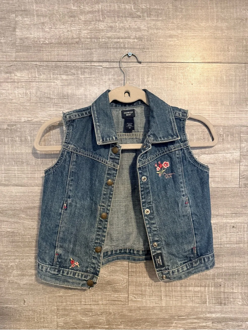 OshKosh B’gosh Girls 6X Denim Vest Floral Embroidered Jean Vest
